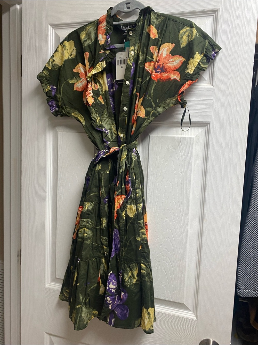 Ralph Lauren Olive Green Floral Tie-Waist Midi Dress with Orange & Purple Blooms